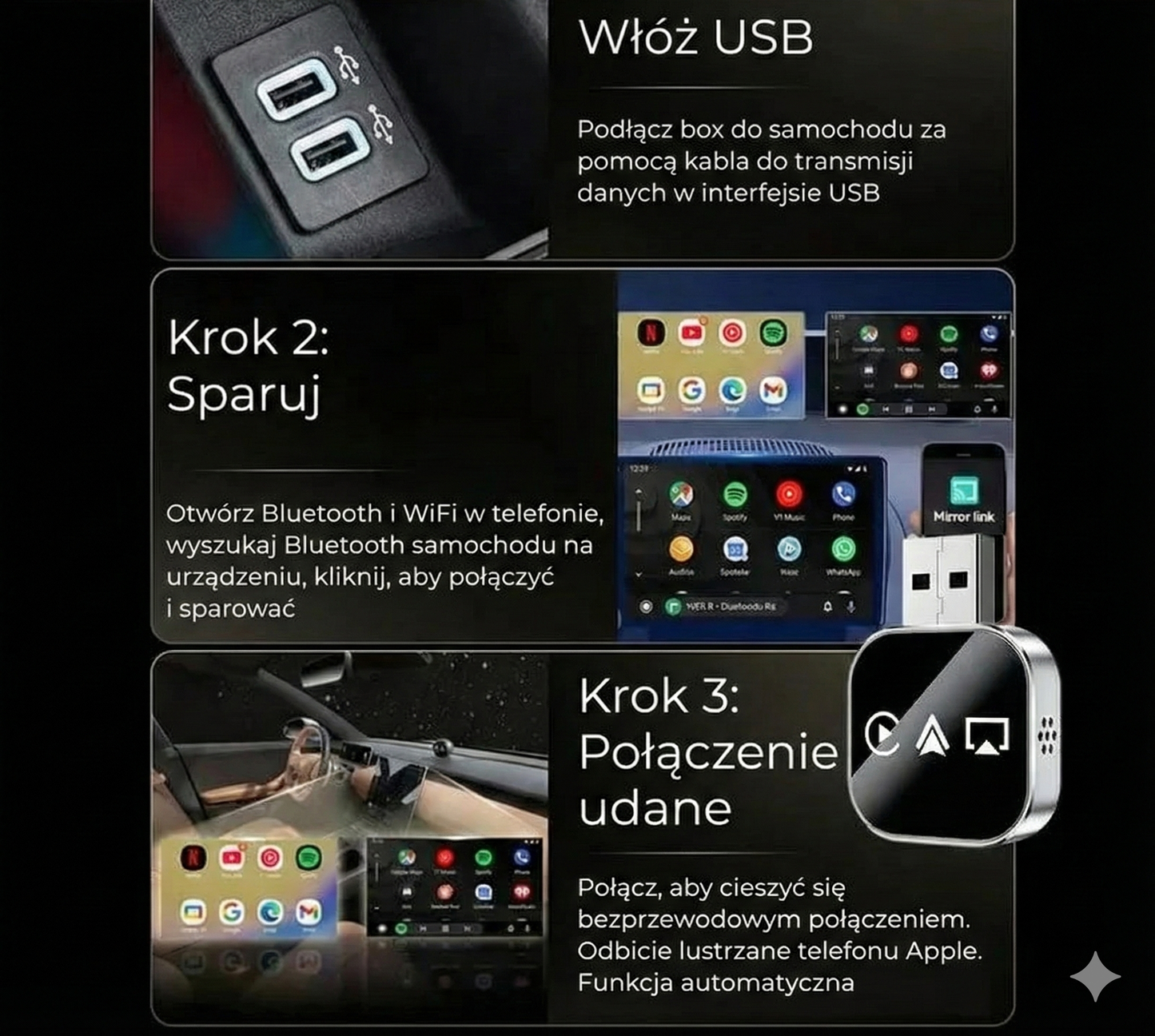 Bezprzewodowy adapter CarPlay V3 – Wyświetlanie na ekranie